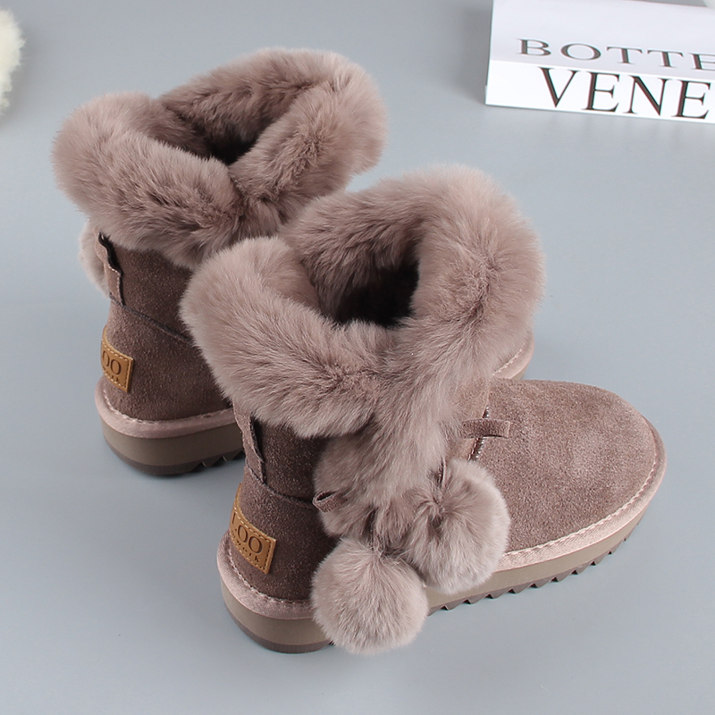 兔毛雪地靴女中筒毛毛球保暖棉靴