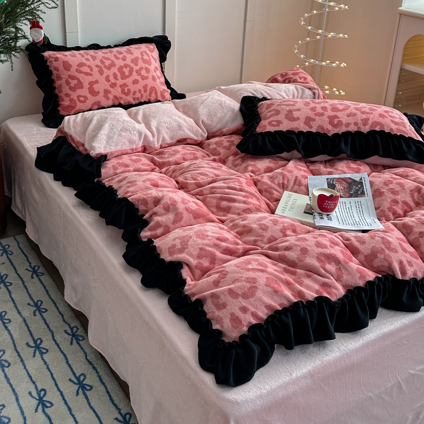 粉色豹纹荷叶边牛奶绒四件套少女双面绒法兰绒花边被套韩系绒床单