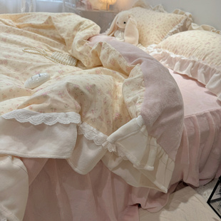 仙女款棉加绒四件套秋冬保暖a版双层纱全棉b版牛奶绒被套加绒床裙