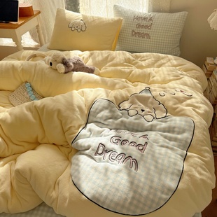 秋冬保暖牛奶绒四件套贴布绣可爱小狗珊瑚绒双面绒被套加绒床单