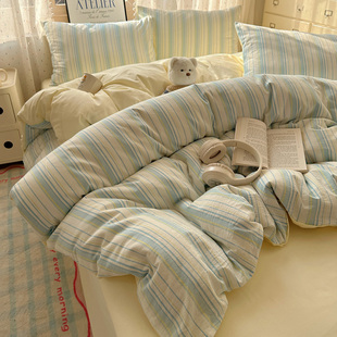 极简百搭风色织水洗全棉裸睡四件套小清新亲肤纯棉床品棉床单被套