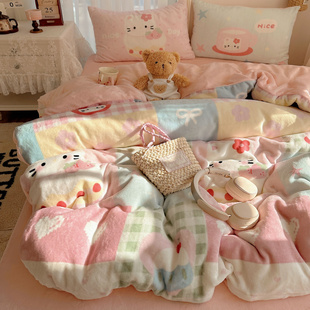 软fufu牛奶绒卡通四件套秋冬保暖珊瑚绒被套双面绒学生3件套床单