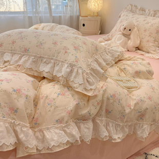 仙女款 荷叶边全棉双层纱四件套公主风纯棉被套少女心床裙1.8m床品