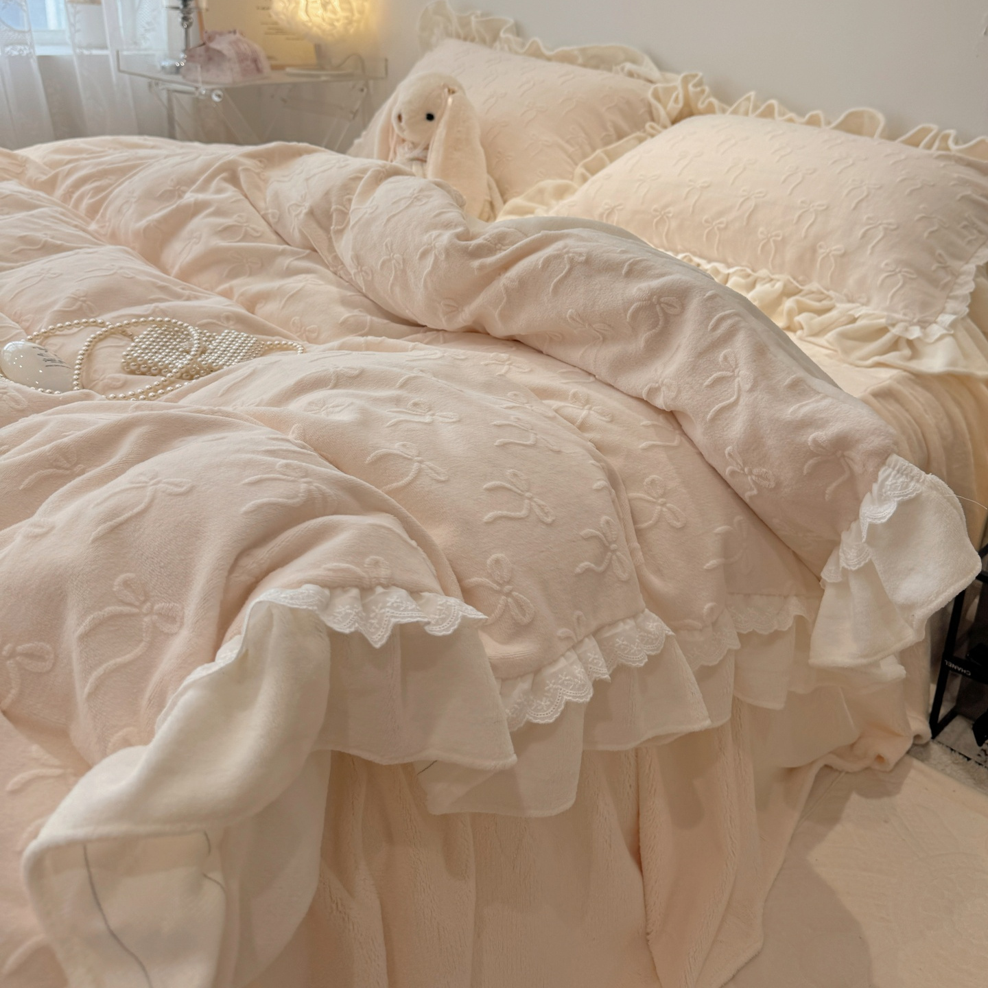 仙女款荷叶边牛奶绒四件套少女心珊瑚绒花边被套学生三件套床裙