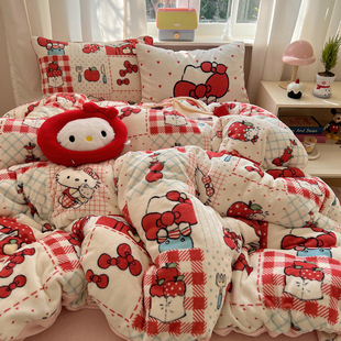 圣诞款 可爱猫牛奶绒四件套双面绒卡通法兰绒被套3件套加绒床单