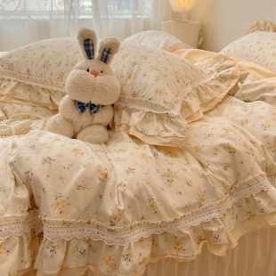 仙女款 床品 荷叶边纯棉四件套亲肤少女清新全棉被套碎花田园床裙款