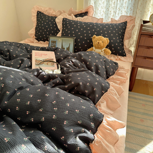 法式公主风荷叶边亲肤云感双层纱化纤四件套少女宿舍软糯床品床笠