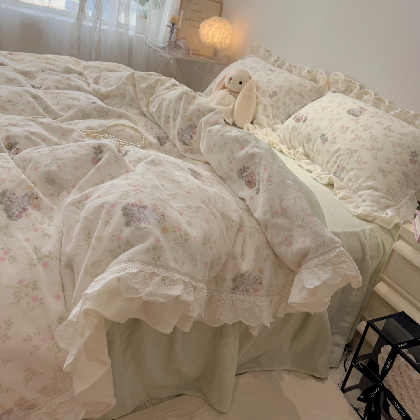 仙女款荷叶边牛奶绒四件套韩系小兔法兰绒花边被套珊瑚绒床裙床单
