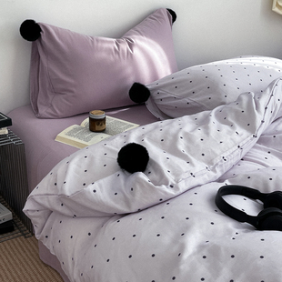 ins混搭毛球款 双层纱全棉四件套少女软糯纯棉波点被套3件套床单