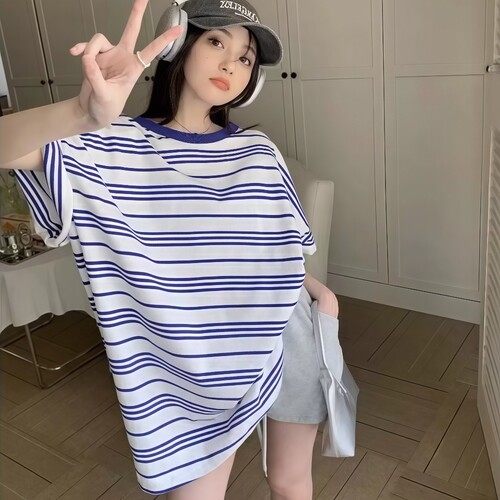 广州十三行女装爆款连衣裙虎门条纹T恤裙中长款直筒宽松遮肚子连
