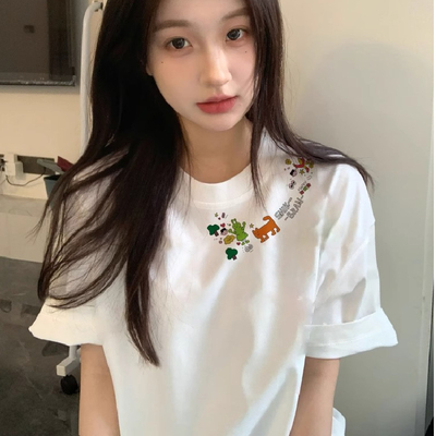广州十三行女装2025新款夏季设计感印花字母修身圆领短袖T恤上衣