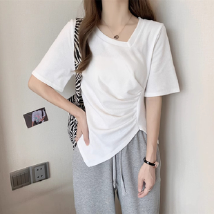 广东广州十三行女装高端欧货上衣夏季设计感孤型下摆褶皱短袖T恤