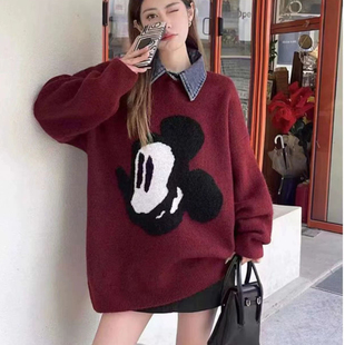 大牌十三行假两件毛衣女米奇设计感穿搭秋冬季加厚内搭女士polo