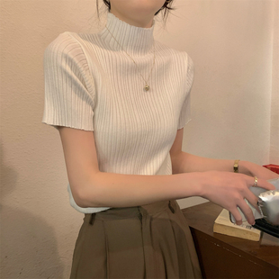 东莞大朗夏新款冰丝半高领短袖T恤女针织打底衫镂空薄款上衣