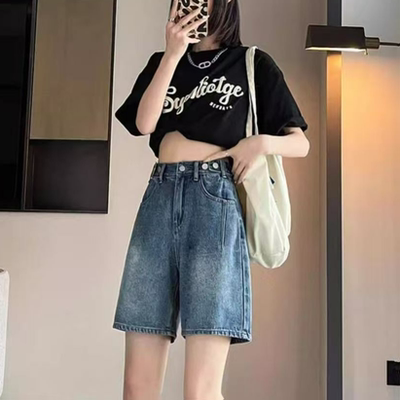 广州新塘镇牛仔短裤女2026年新款阔腿中裤夏季薄款直筒宽松五分裤