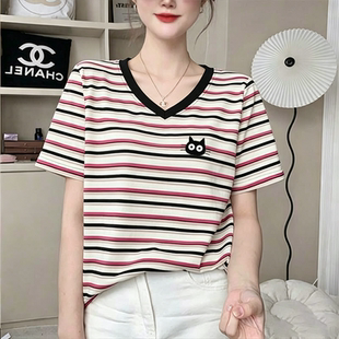 休闲条纹短袖T恤女装夏广州白马沙河十三行虎门东莞套头显瘦上衣