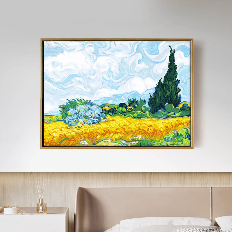 数字油画diy油彩丙烯装饰填色手绘填充手工麦田里的丝柏树梵高