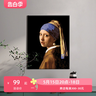 饰填充油彩 手工diy数字油画戴珍珠耳环 少女人物填色画画丙烯装