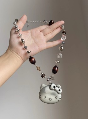 可爱卡通KT猫串珠吊坠项链女小众甜美锁骨链高级感百搭毛衣链配饰