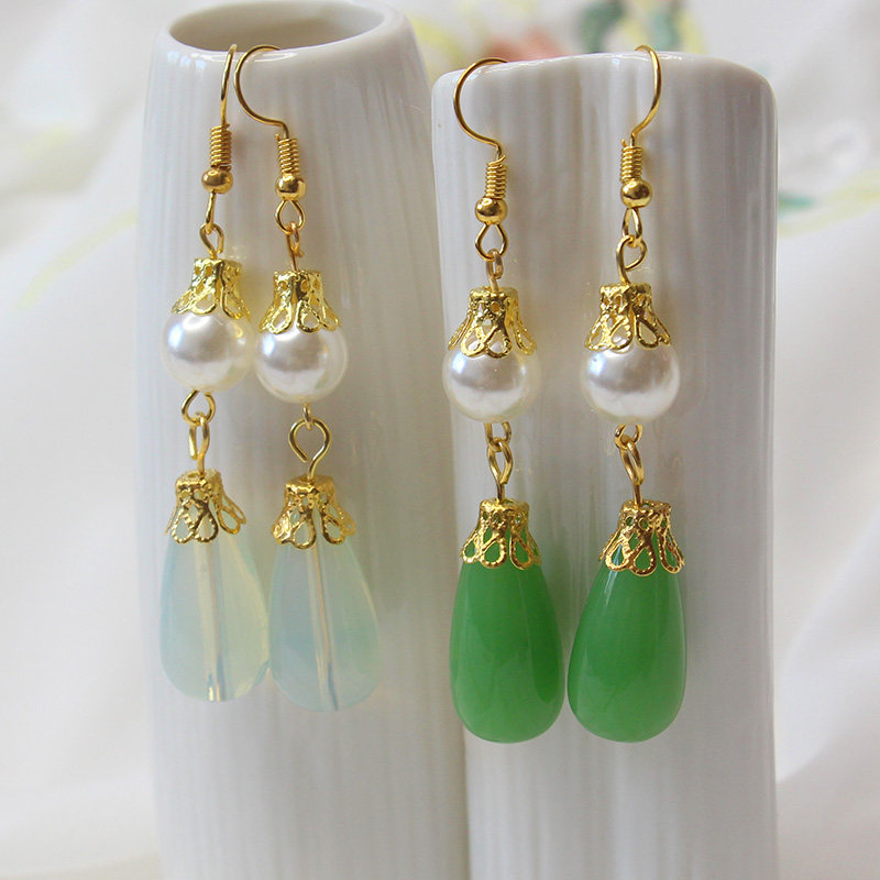 手工制作古风耳环仿绿玉玛瑙琉璃水滴耳坠汉服唐明制古装剧配饰女