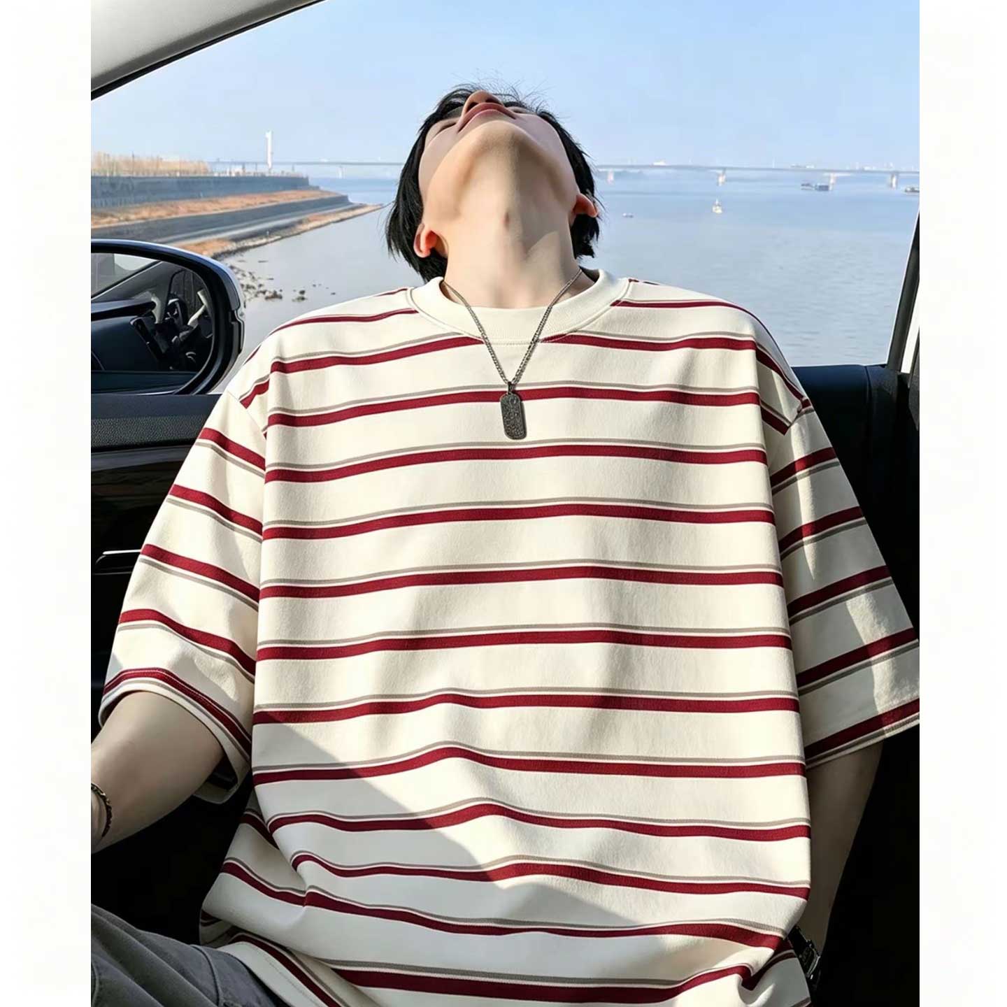 WASSUP美式复古条纹短袖t恤男夏季宽松休闲百搭纯棉情侣潮牌上衣