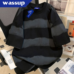WASSUP扎染条纹短袖 宽松美式 复古半袖 情侣原创潮牌上衣 t恤男夏季