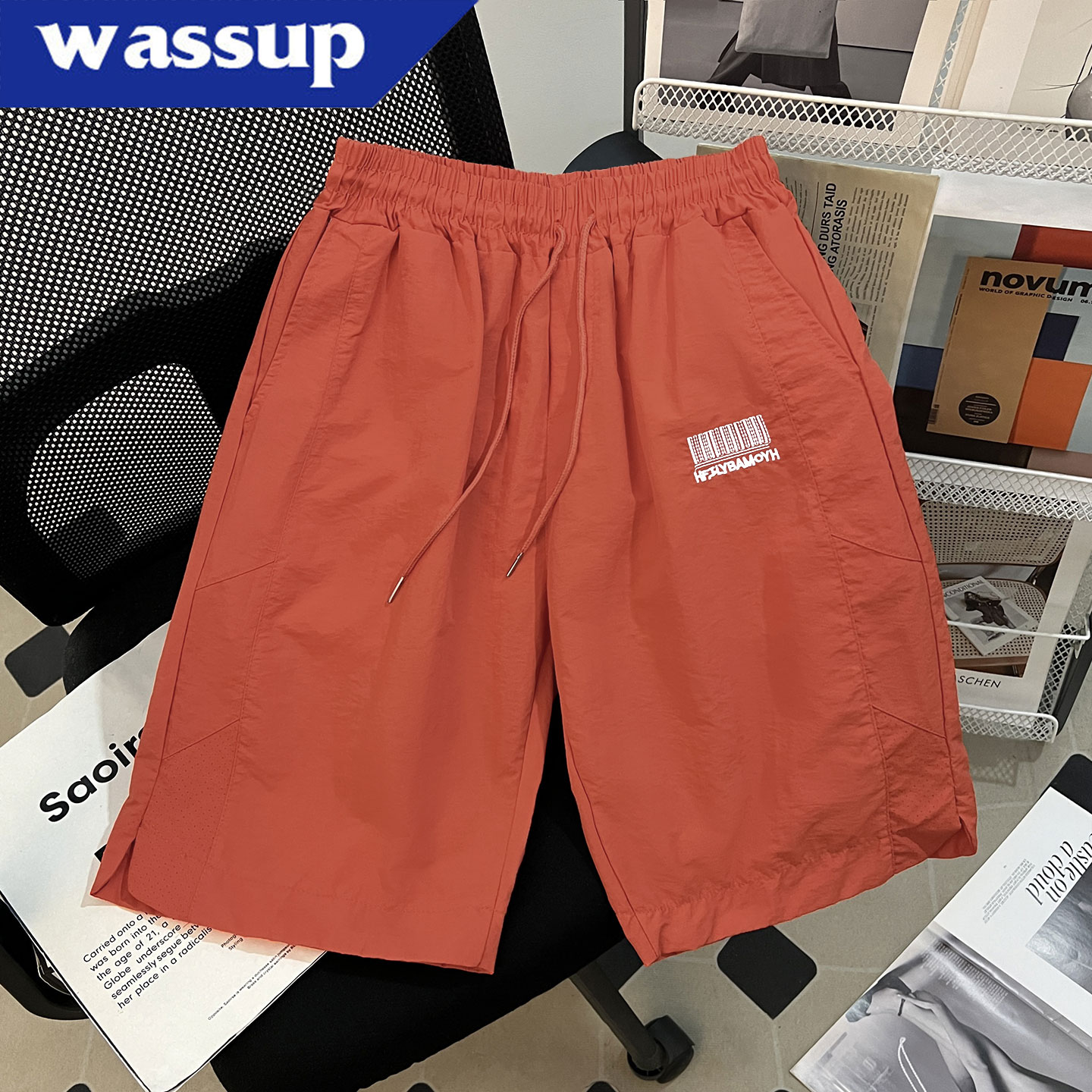 WASSUP男士夏季打孔速干刺绣短裤网眼透气运动时尚休闲潮流五分裤
