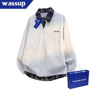 WASSUP美式假两件polo领卫衣男女秋冬加绒加厚设计感宽松长袖上衣