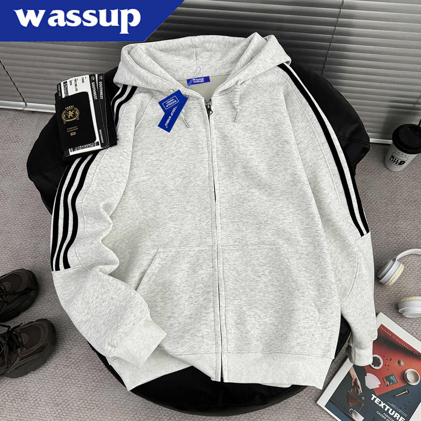 免费试穿~开衫三条杠连帽卫衣男