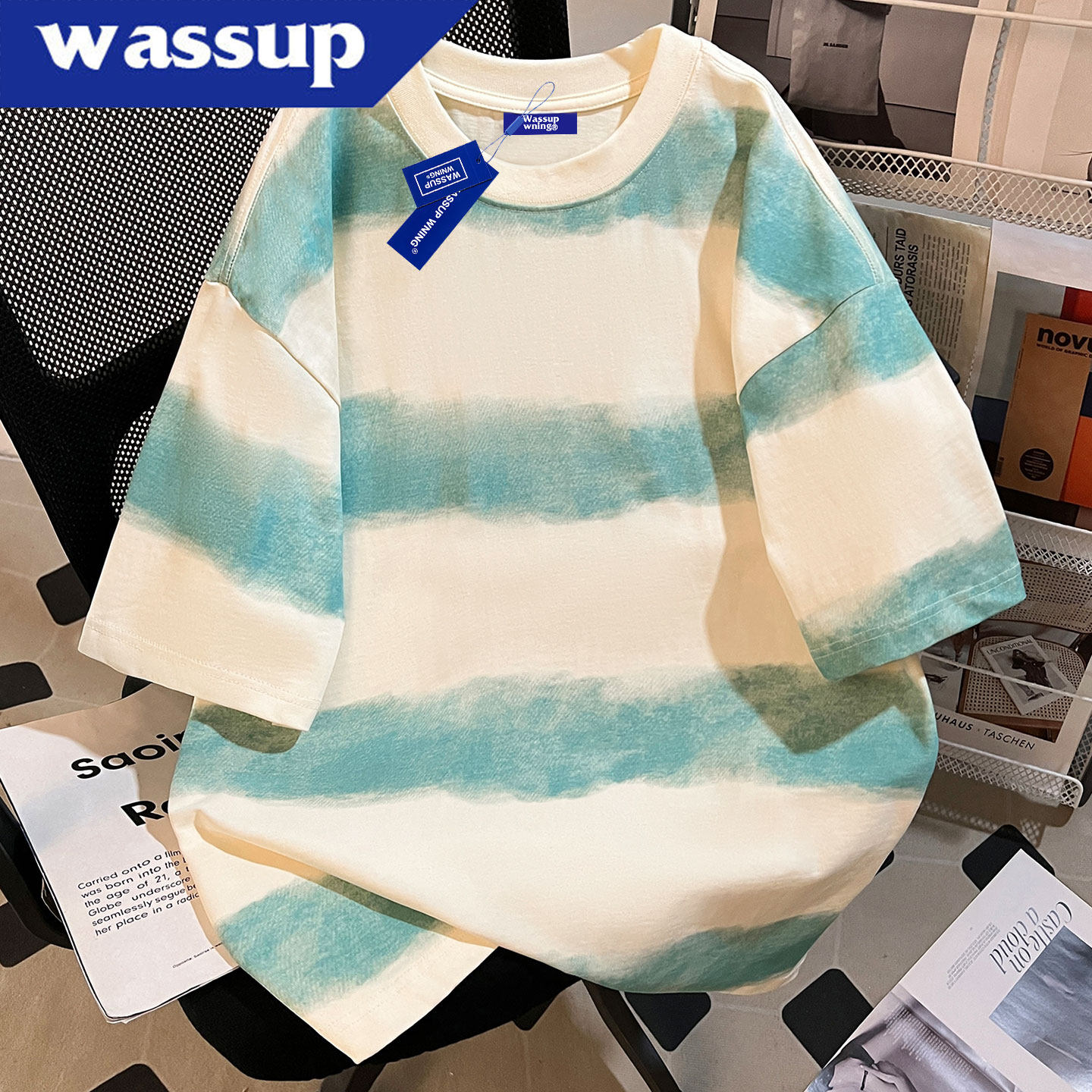 WASSUP美式复古国潮牌蜡染条纹短袖T恤男夏2025新款宽松情侣上衣