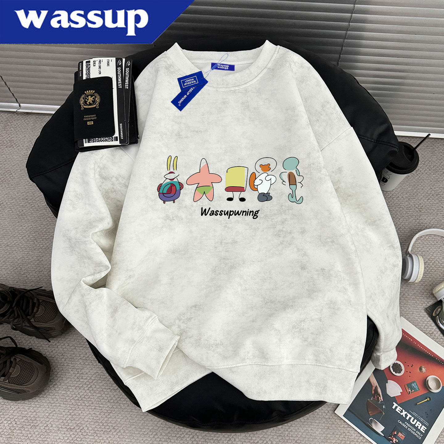 WASSUP重磅蜡染圆领卫衣男秋冬季2025美式复古宽松休闲情侣上衣女,男装,卫衣,淘宝优惠券,粉丝福利购,淘宝优惠卷