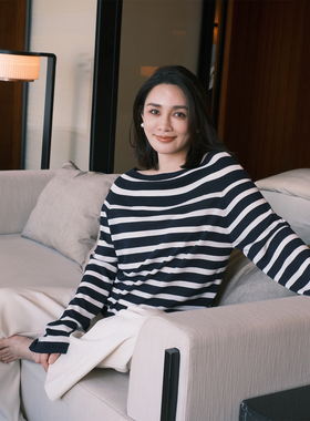 LORRAINES春新款 塞纳诗行-法式真丝天丝棉弹力条纹一字领针织衫