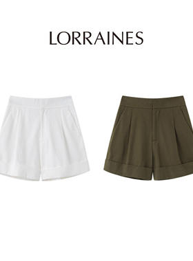 LORRAINES 精致生活系列-100高支棉经典工装高腰A字阔腿休闲短裤
