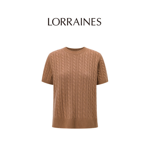 LORRAINES 高奢衣橱-100精纺山羊绒复古圆领绞花针织短袖