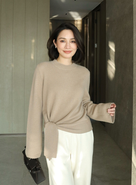 LORRAINES春新款 优雅都市-100%山羊绒设计款圆领侧绑带针织上衣