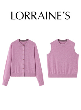 LORRAINES春新款 时光静好-100山羊绒44支圆领背心长袖开衫两件套