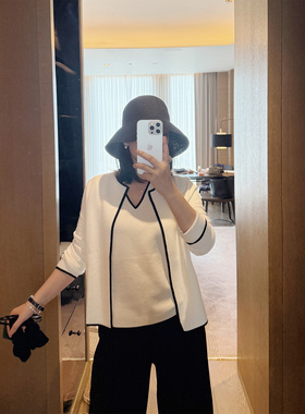 LORRAINES 法式通勤-真丝羊毛混纺香风黑白撞色V领背心开衫两件套