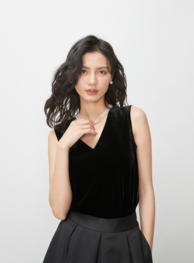 LORRAINES夏新款 轻礼服系列-复古黑色丝绒V领无袖背心马甲上衣