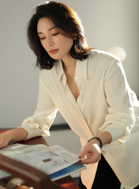 LORRAINES25冬新款 茉莉职白-天丝羊毛醋酸白色气质通勤翻领衬衫