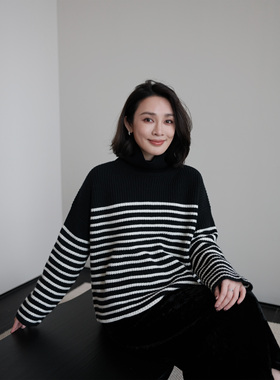 LORRAINES25冬新款 黑白胶片-100羊绒经典黑白撞色条纹高领毛衣