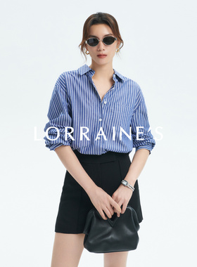 LORRAINES 时髦INS博主风 日本进口高密棉条纹通勤法式宽松衬衫