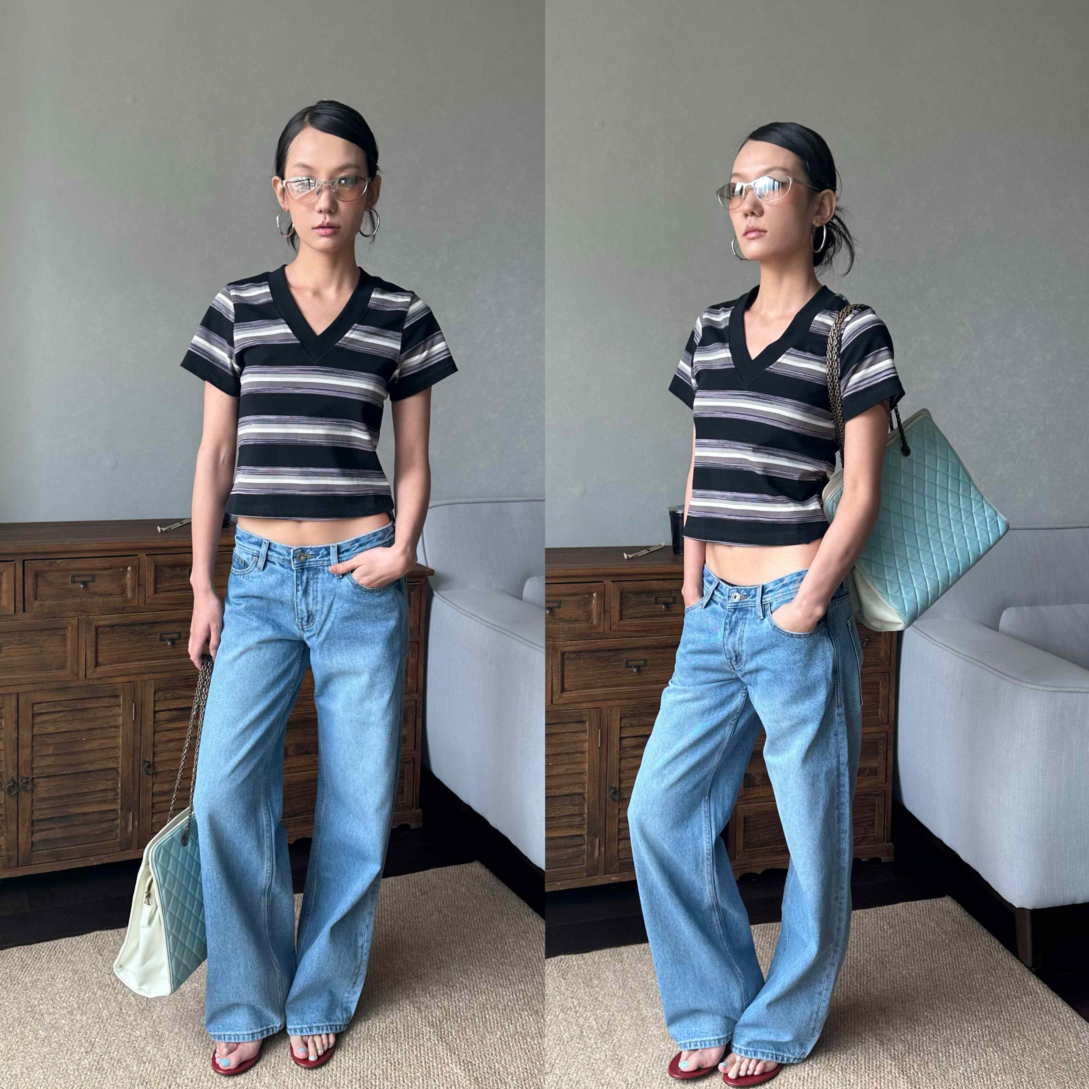 WEEEECHAN次日早晨 娜娜同款 夏日缤纷彩色条纹V领短袖T恤