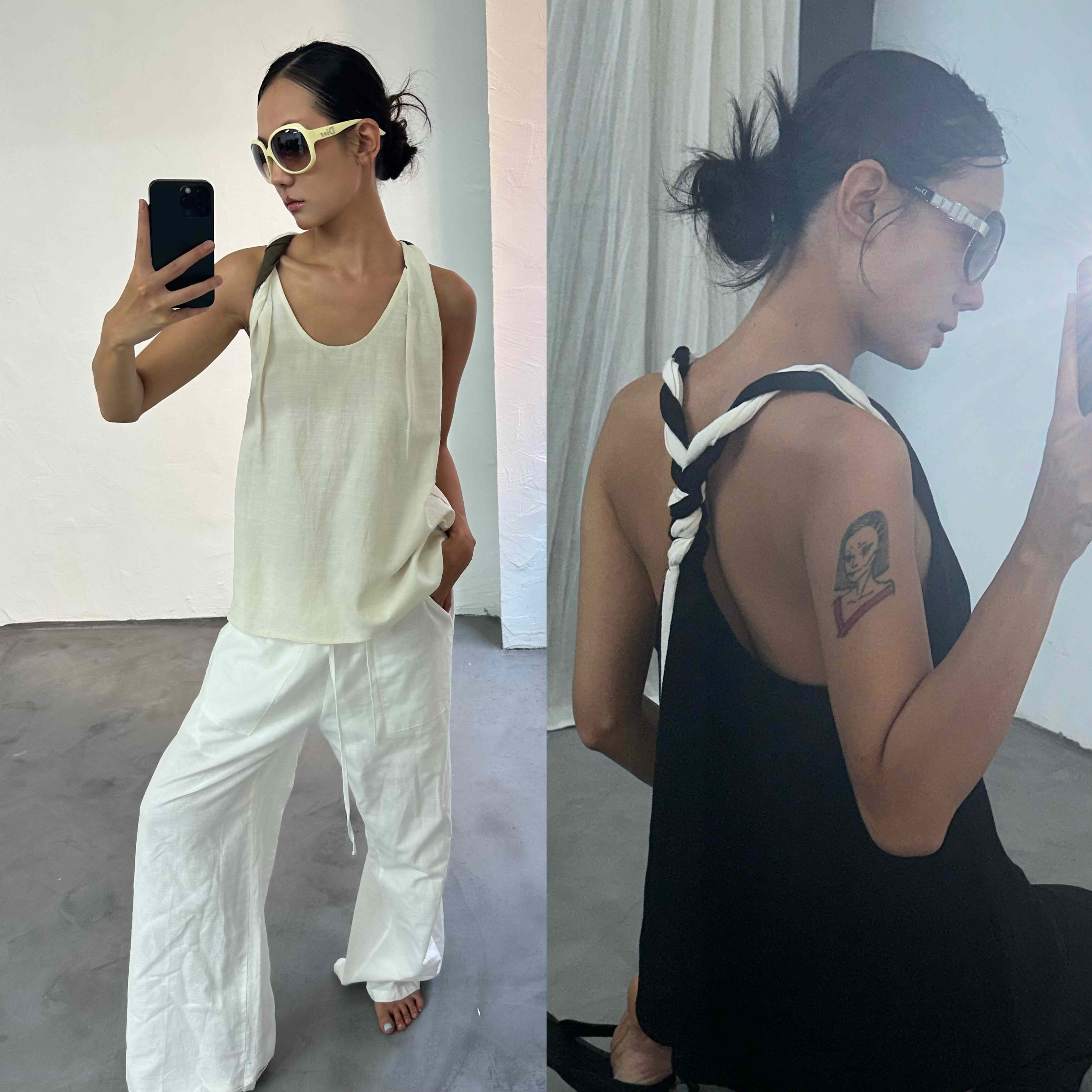 WEEEECHAN次日早晨 棉麻 设计感简约双色扭转肩带V领A摆上衣女