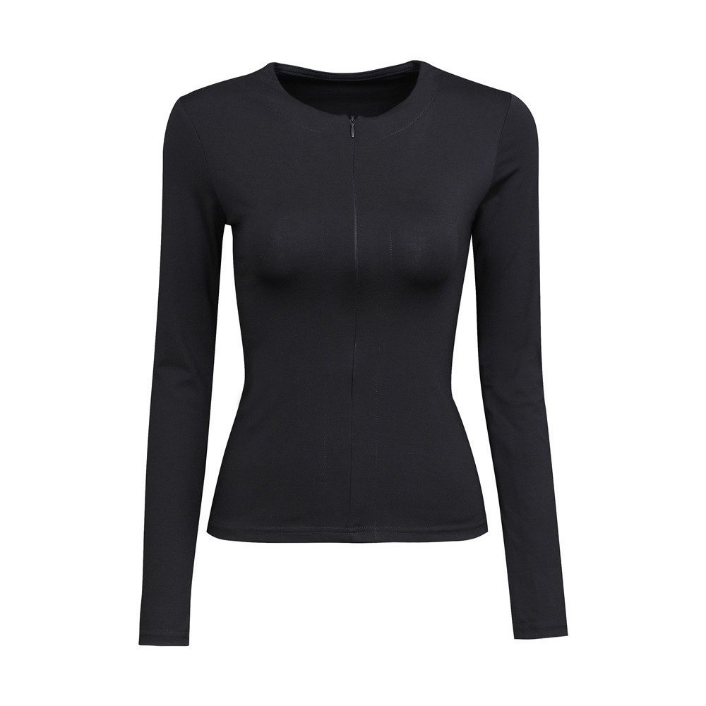 次日早晨 纯色拉链圆领弹力修身长袖上衣打底衫