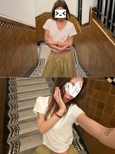 现 WEEEECHAN 100%棉竹节纱线宽松卷边设计v领短袖 T恤 nana同款