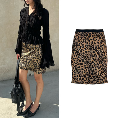 现货  松紧腰抗皱烫金气质豹纹a字半身短裙女夏