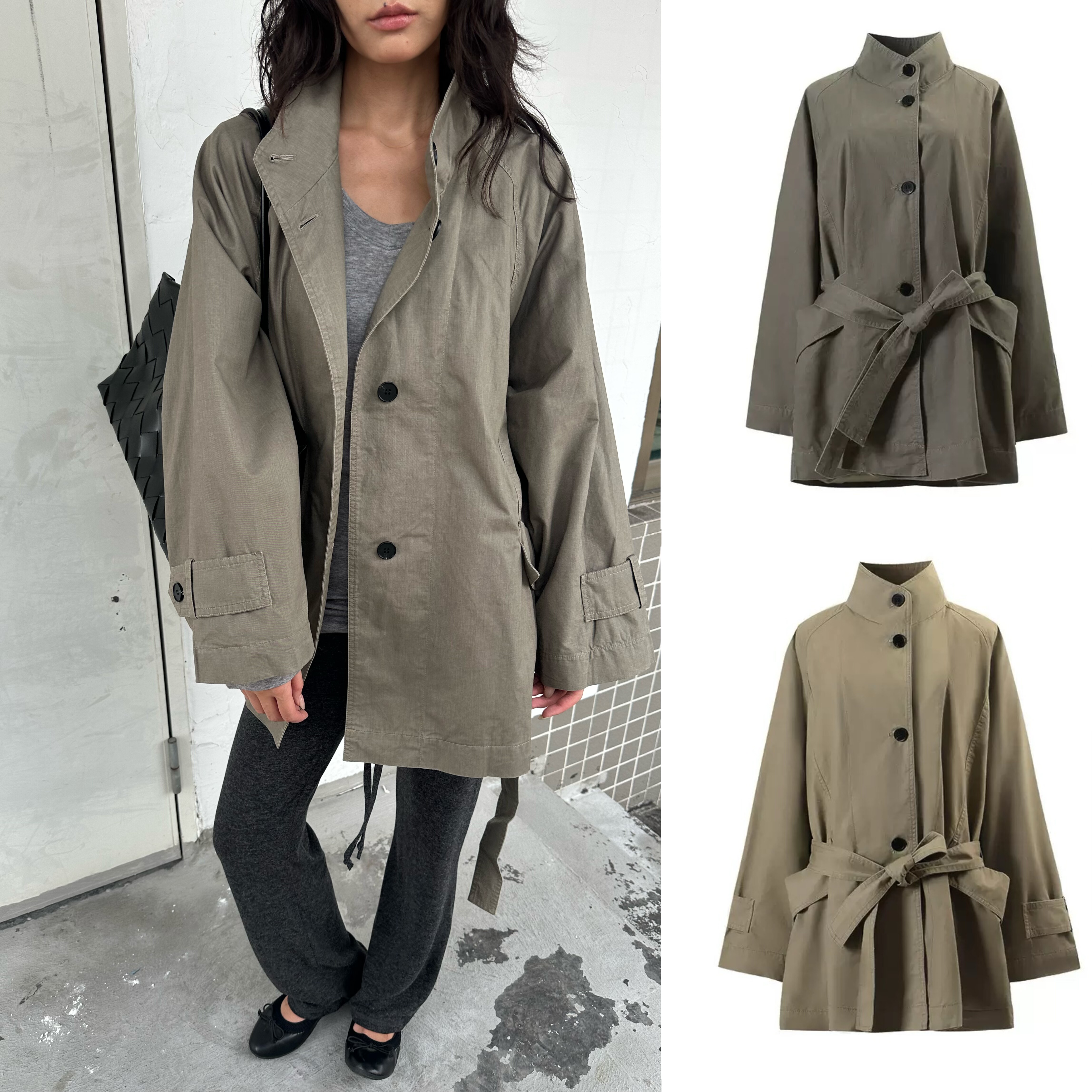 现 很大件 WEEEECHAN 进口精梳棉酵素水洗立领大袖口廓形风衣外套