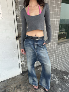 WEEEECHAN次日早晨｜微笑”纯羊毛深U领针织长袖 灰色/藏蓝色