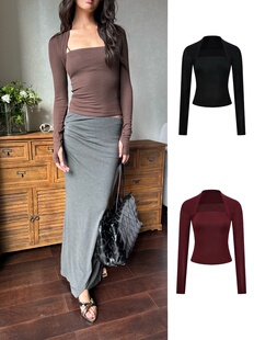 现货还原 WEEEECHAN次日早晨 修身性感假两件袖套针织打底上衣女