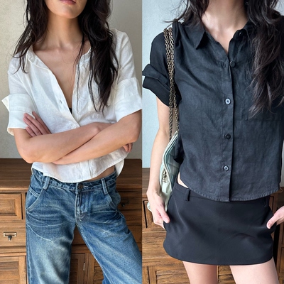 现货还原 WEEEECHAN次日早晨  短型手工卷袖短袖衬衫(100%亚麻)